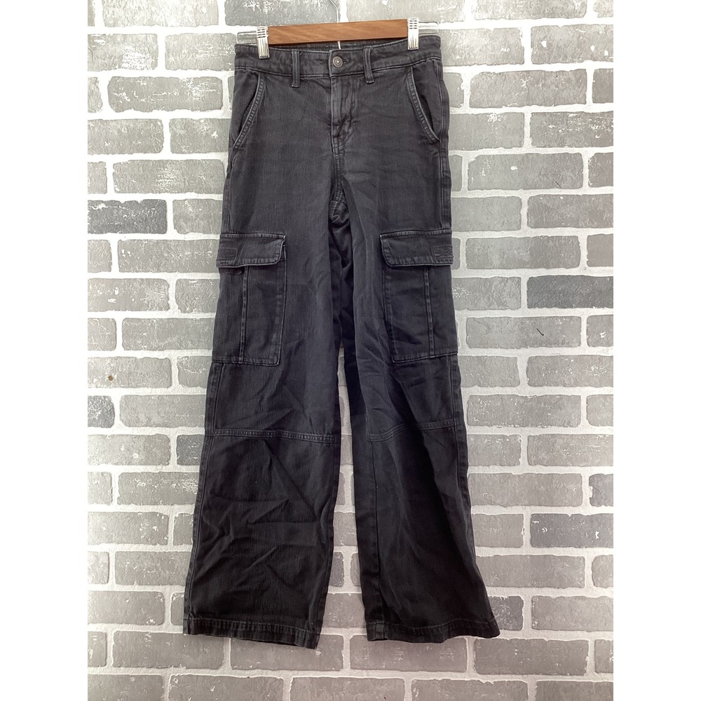 American Eagle High Rise Baggy Wide Leg Cargo Pants Washed Black Denim 000 Reg
